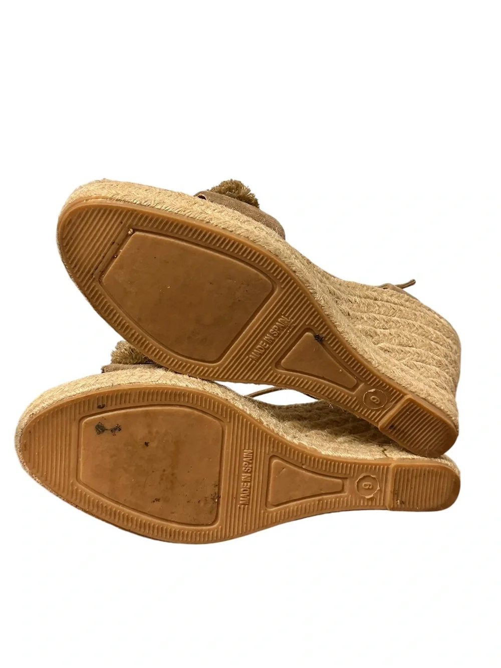 Saks Fifth Avenue Women’s Tan Suede Pom Pom Espadrille Wedges Resort Size 9